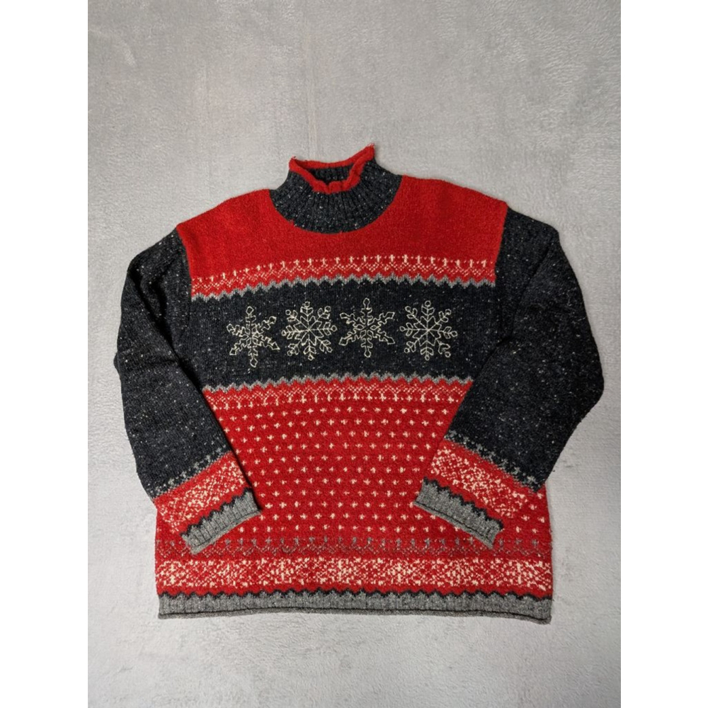 Women's Jones New York Sport Red & Gray Snowflake Turtleneck Sweater L Wool